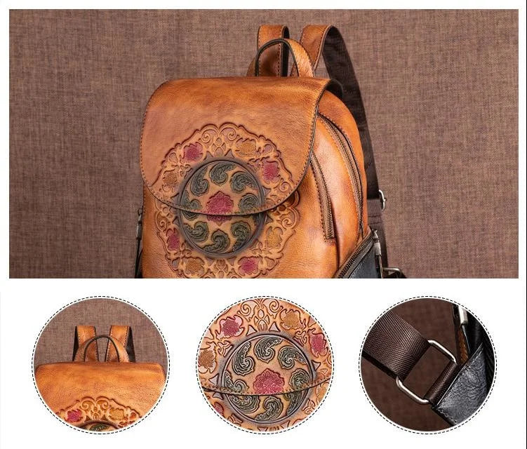 Socofy Genuine Leather Handmade Embossed Vintage Women Backpacks