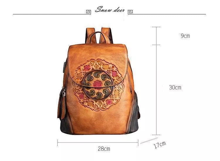 Socofy Genuine Leather Handmade Embossed Vintage Women Backpacks