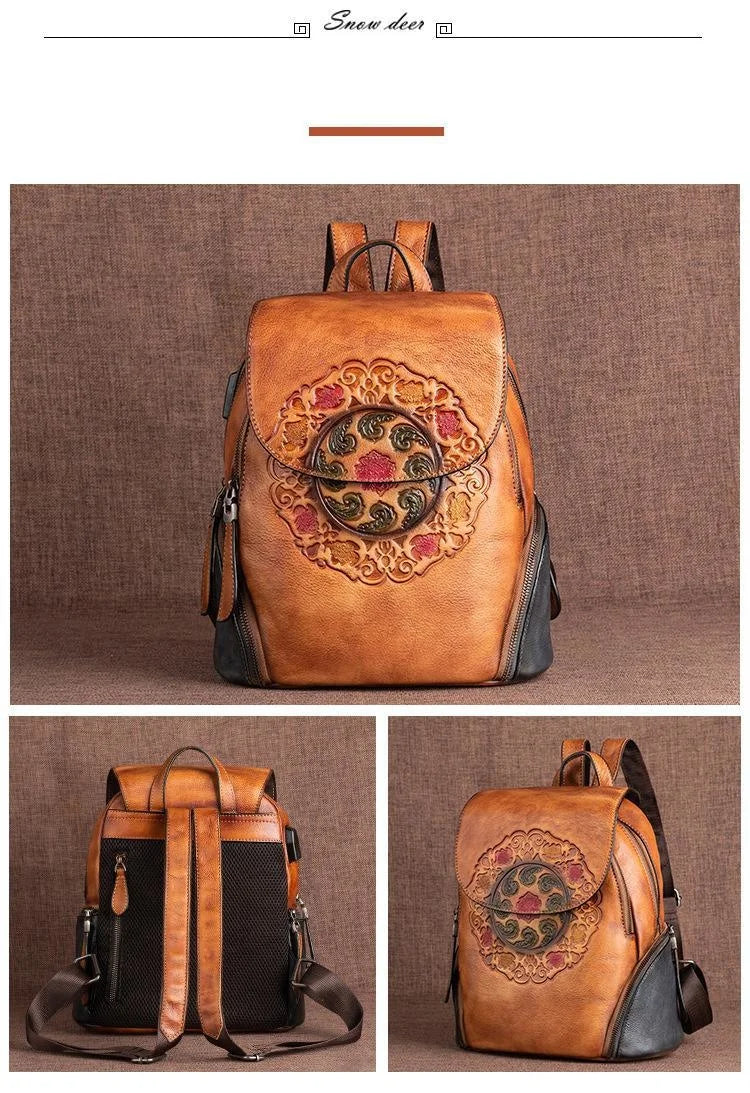 Socofy Genuine Leather Handmade Embossed Vintage Women Backpacks