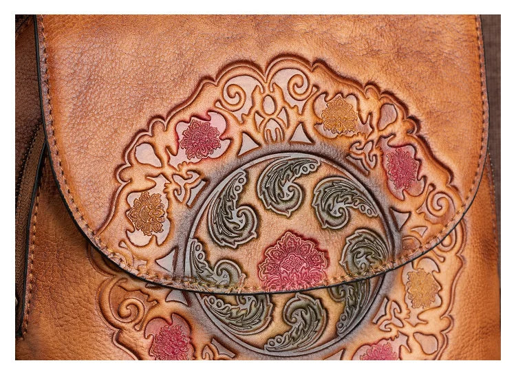 Socofy Genuine Leather Handmade Embossed Vintage Women Backpacks